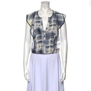 Marissa Webb Blue Plaid, Tie-dyed Silk Blouse, Crop Top.
